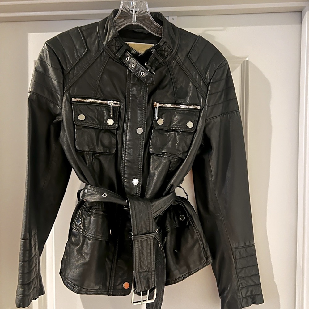 Michael Kors black leather belted jacket